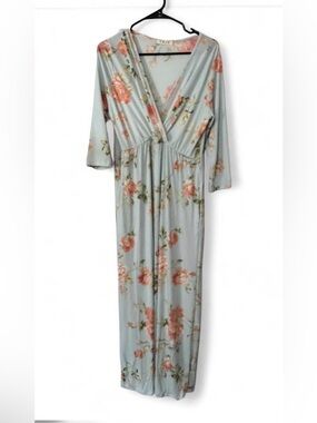 THJS Floral Midi Dress in Soft Blue with Peach Roses